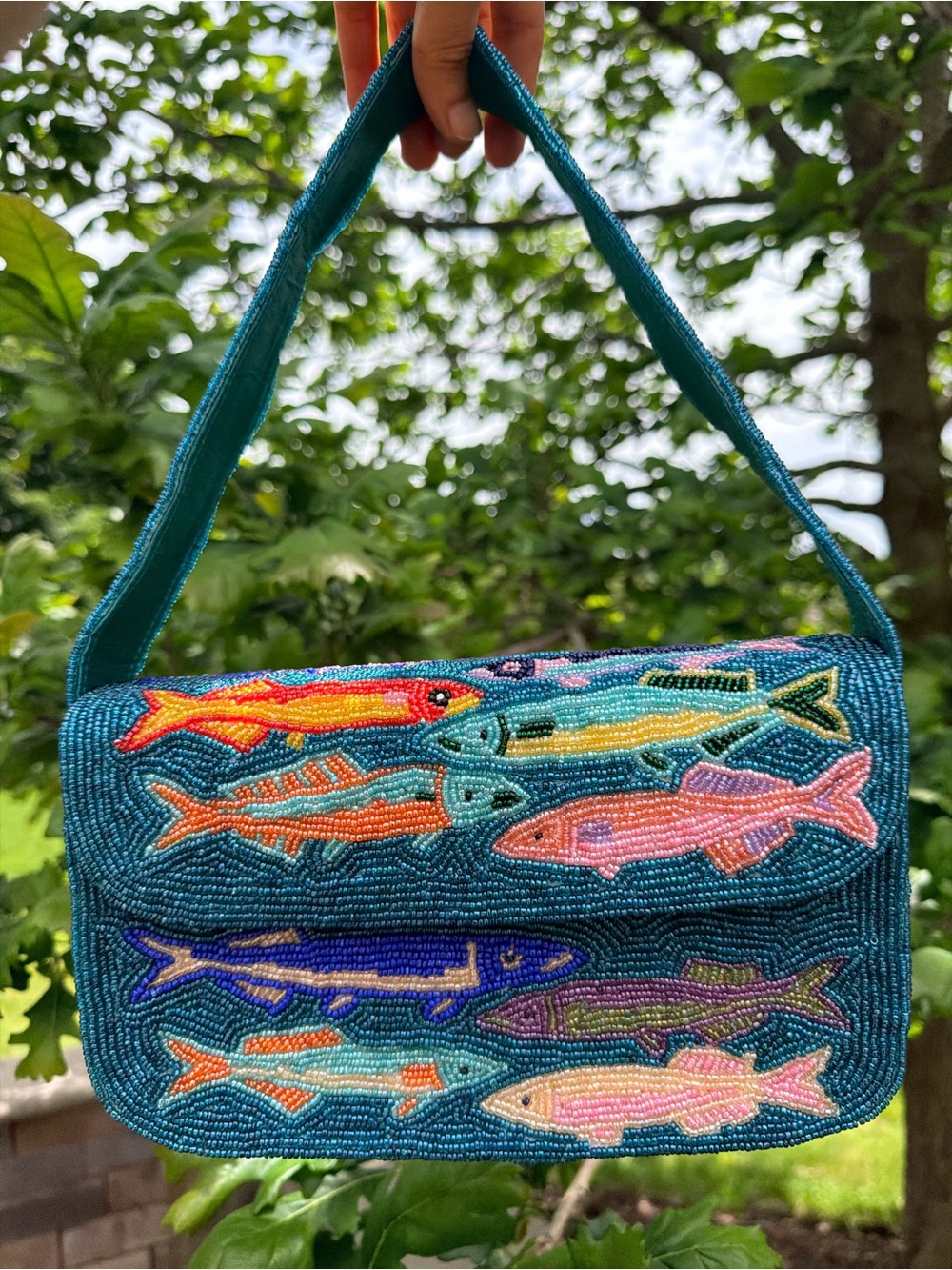 Hand-Beaded Fish Clutch in Teal with Multi-Color Fish Motif - Picture 8 of 8
